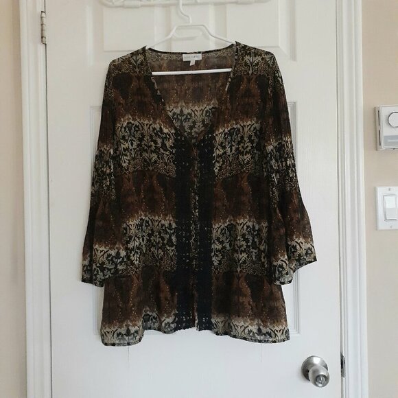 Fashion Bug Women's Size 1X Brown Black Button Dark Fairy Core Bell Sleeve Top - Picture 2 of 11